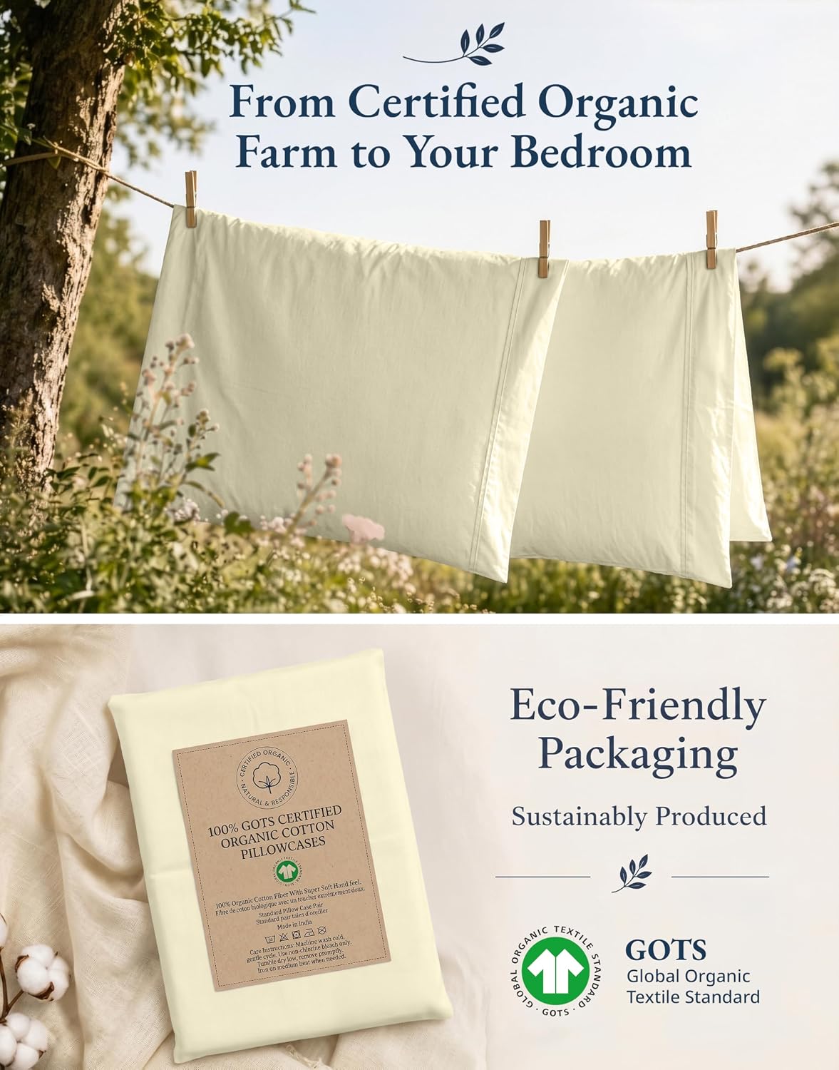 100% Organic Cotton King Size Pillow Cases Set of 2 (20''x36'') Pure Organic Cotton Pillowcases Light Yellow