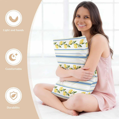 Lemon Striped Standard Pillowcase Set of 2, Yellow Fruit Blue White Satin Pillow Case Cover with Smooth Hidden Zipper Closure, Soft Throw Pillow Covers Cases for Home Decoration 20 X 26 Inches