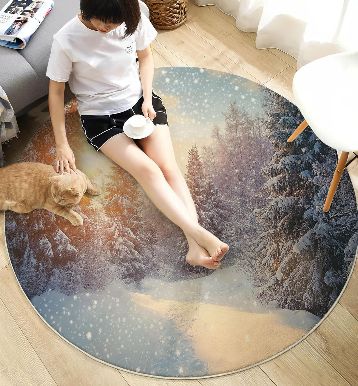 Tree Snowflakes Round Area Rug, Soft Round Rugs 3Ft Ultra-Thin Non-Slip, Winter Scenery Large Circle Carpet for Bedroom Living Room Kitchen Nursery, Yellow