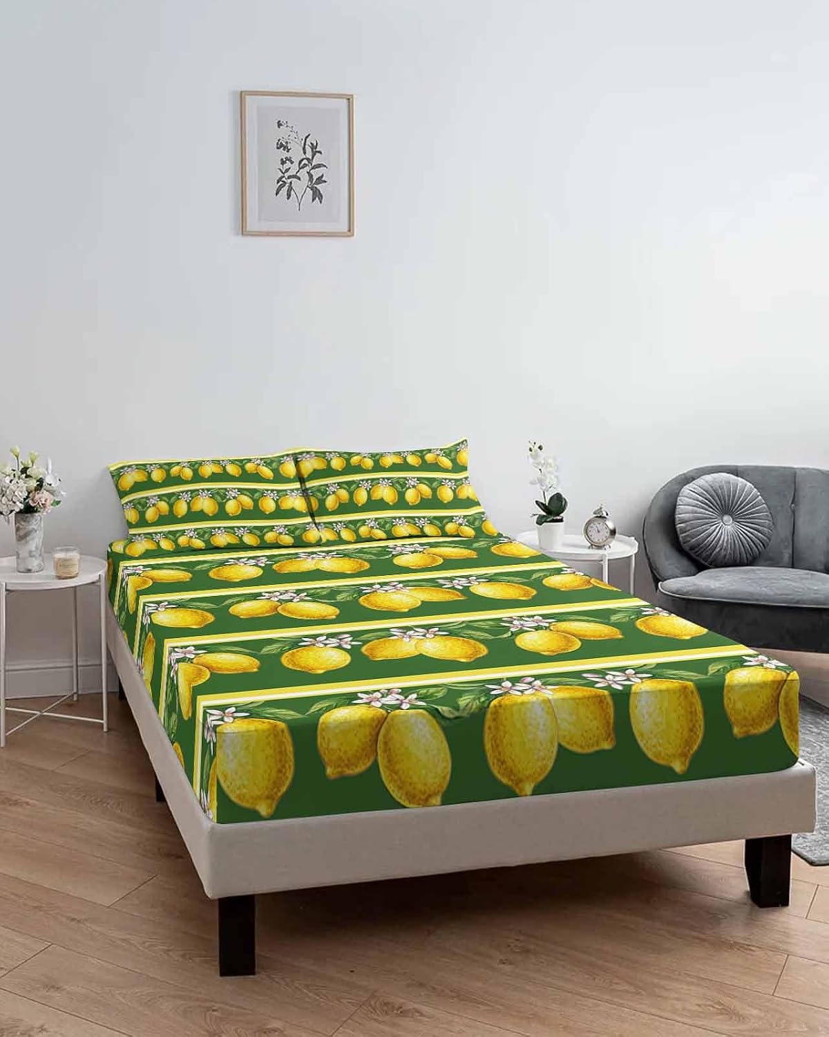 Twin XL Size Fitted Sheet Set - Lemon Summer 2 Piece Bedding Sets 16" Deep Pocket Fitted Sheet with 1 Pillowcases, Watercolor Fruits Green Yellow Stripes Brushed Microfiber Hotel Luxury Bed Sheets