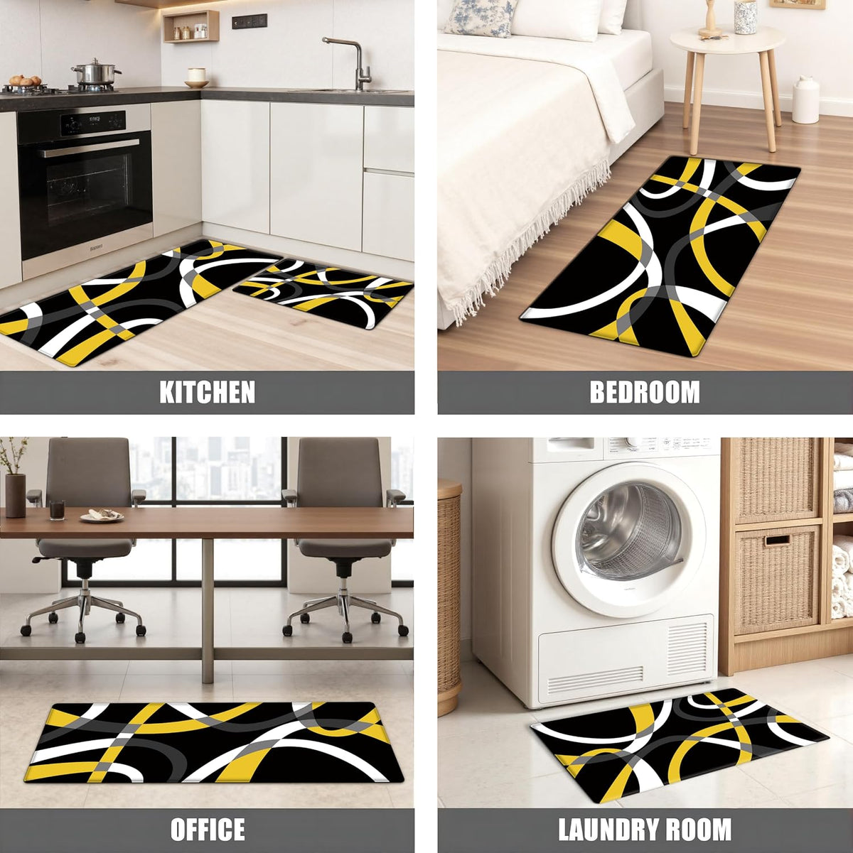Kitchen Mats for Floor Modern Stripe kitchen rugs Black and Yellow Stripe Anti Fatigue Kitchen Mats Waterproof Floor Mats Cushioned Non-Skid Standing Mats for Kitchen, Set of 2,17.3 x 28+17.3 x 47