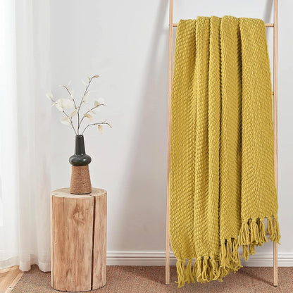 Yellow Throw Blanket Knitted Tweed Throw 60'' x 80'', Lemon Curry, Super Soft Cozy Warm Comfortable Breathable Throw for Living Room Chair Couch Bed Sofa Bedroom Home Décor