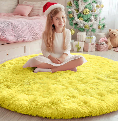 Round Area Rugs 5Ft, Fluffy Yellow Carpets for Bedroom Girls,Cute Rug for Girls Room,Fuzzy Rug for Playroom,Circle Rugs for Kids Room,Shag Furry Carpet Rugs for Reading Nook, Baby Room
