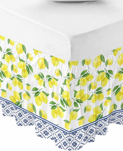 Yellow Lemons Bed Skirt Queen Size 16 Inch Drop, Adjustable Elastic Wrap Around Bed Skirts Easy Fitting Dust Ruffle Bedskirt Bed Frame Cover Watercolor Summer Botanical Elegant Pastoral