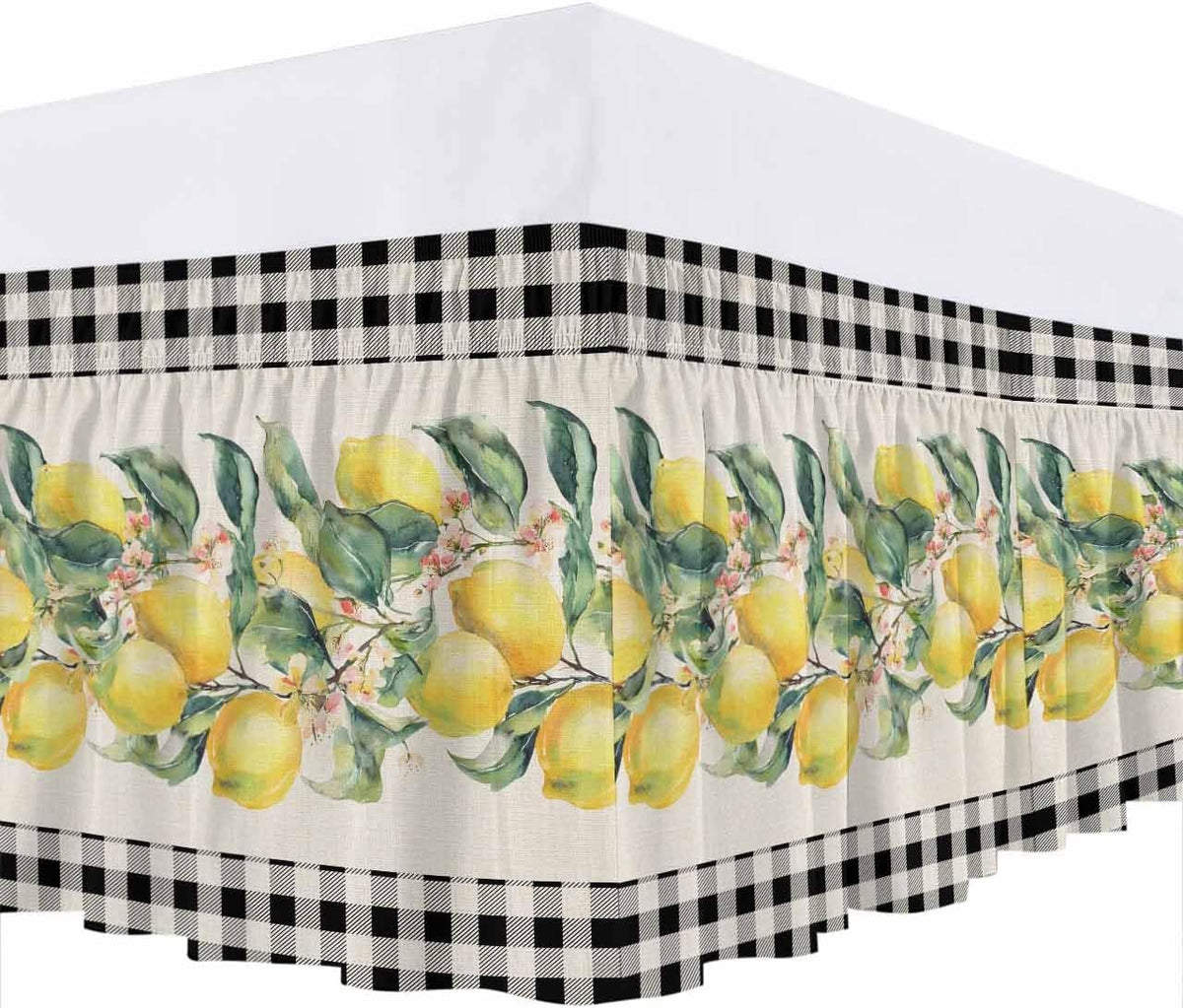 Yellow Lemons Wrap Around Bed Skirt Queen Size, Dust Ruffled 16 Inch Tailored Drop with Adjustable Elastic Belt Pleated, Summer Botanical Black White Plaid Rustic Luxury Bedding Skirts for Bedroom