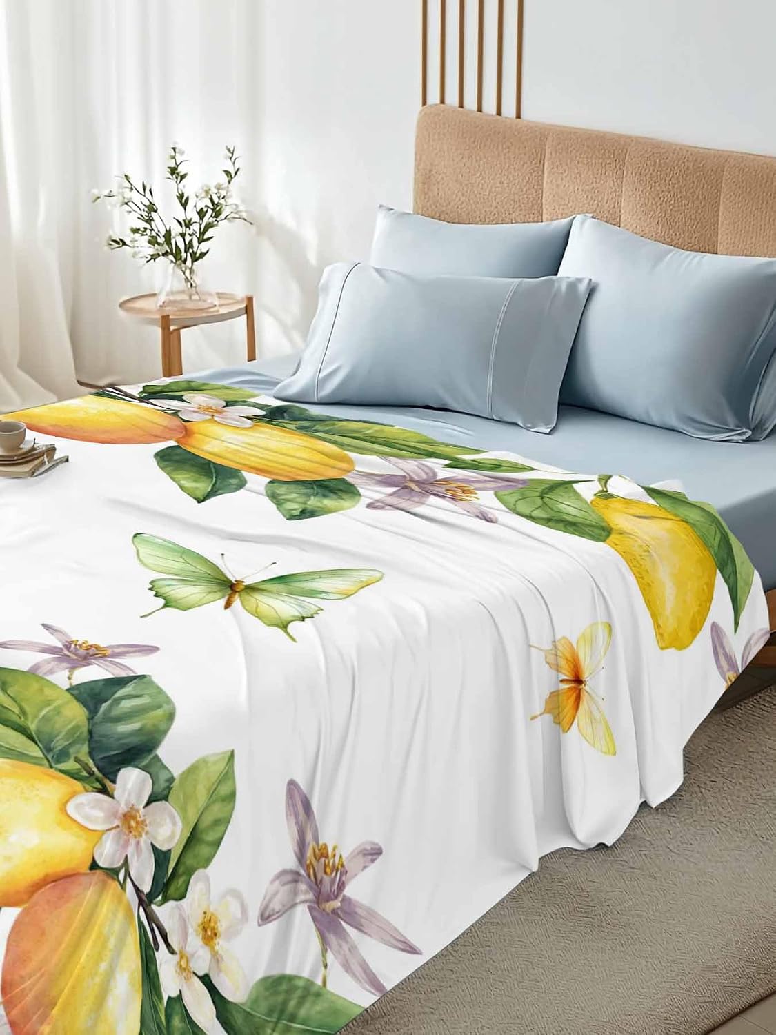 Twin Flat Sheet Only,Vintage Farm Lemon Flowers Top Sheet Breathable Soft Brushed Polyester Microfiber Bed Sheets,Yellow Fruit Butterfly Floral Hotel Luxury Bedding Sheets for Women,Men,Teens