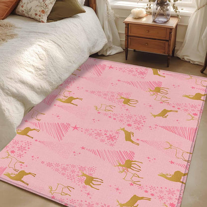 Hallway Runner Rugs 2.7x5 Ft, Christmas Pink Non Slip Area Rugs for Kitchen Bedroom Entryway, Yellow Reindeer Xmas Pine Trees Winter Washable Carpet Runner Rug Floor Mats for Bedroom Home Decor