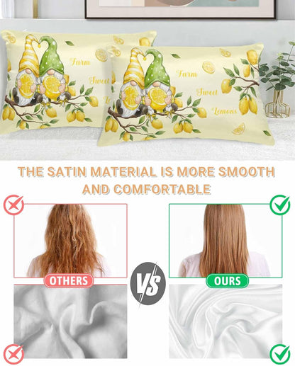 Satin Pillowcases Standard Size, Lemon Gnomes Silk Pillow Cases for Hair and Skin with Zipper 2 Pack, Summer Tropical Fruits Lemon Yellow Smooth Throw Pillow Covers for Sleeping, 20"x26"