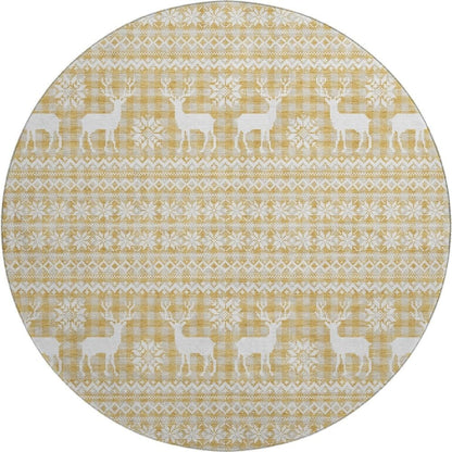 Holiday Festive Theme Soft Plush Thick Pile Christmas Area Rug Round 8' x 8' | Winter Cheer Xmas Playful Deer Snowflakes Plaid Patterns Gold Yellow White Color | Washable Nonslip Indoor Outdoor Rugs