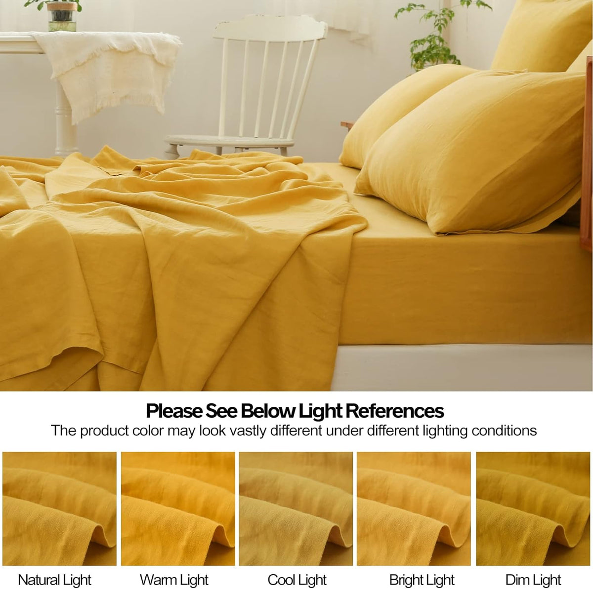 100% Linen Sheet Set 4pcs Basic Style, Deep Pocket, Natural French Washed Flax Solid Color Soft Breathable Bed Sheets - Mustard Yellow, Queen