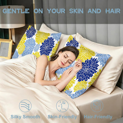 Yellow Navy Blue Flower Satin Pillowcase for Hair and Skin 1 Pack,Soft and Cooling Similar to Silk Pillow Cases with Hidden Zipper, Gift for Women Men(20"x30" Queen Size
