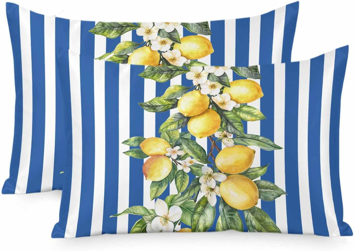 Yellow Lemon Floral Standard Pillowcase Set of 2, Blue Stripe Satin Pillow Case Cover with Smooth Hidden Zipper Closure, Soft Throw Pillow Covers Cases for Home Decoration 20 X 26 Inches