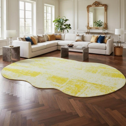 Modern Abstract Distressed Texture Irregular Shape Rug for Living Room Bedroom Guestroom Faux Wool Washable Carpet 2x3 Nordic Boho Classroom Nursery Apartment Durable Easy Clean Rugs Bright Yellow
