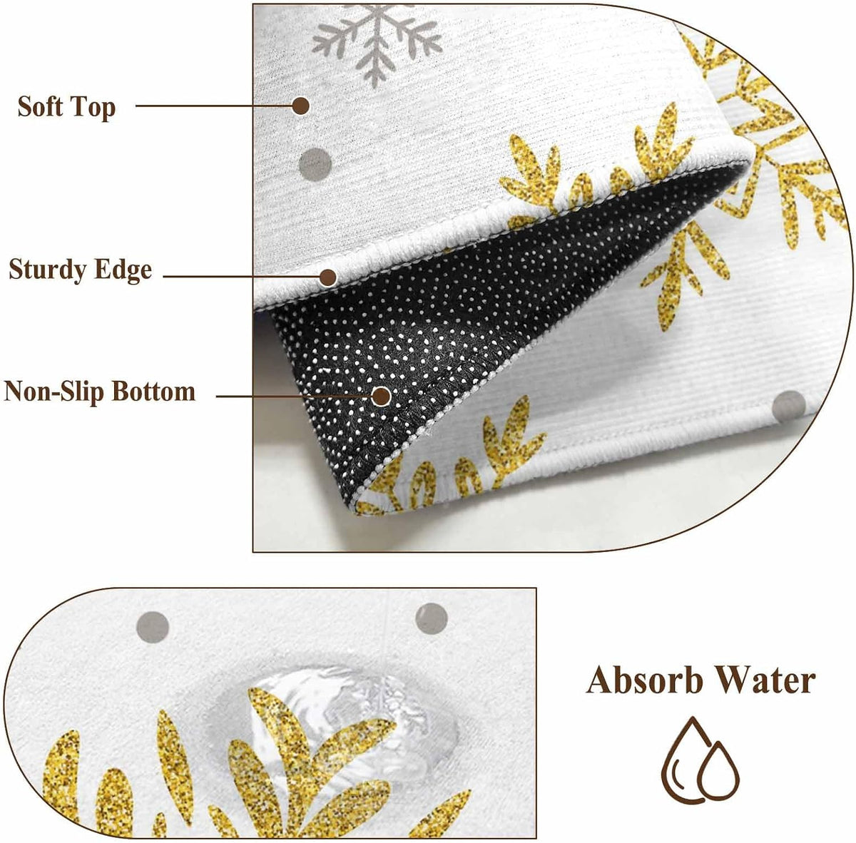Winter Snowflake 2x3 Area Rugs for Living Room, Christmas Yellow Sequins Texture Abstract Non Slip Floor Mat Washable Low-Profile Indoor Carpet for Bedroom, Dining Room, Bathroom