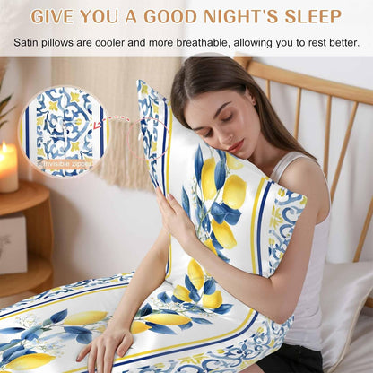 Lemon Floral Satin Pillowcase for Hair and Skin, Moroccan Lemon Yellow Blue Stripes Floral Silky Pillow Cases Standard Size with Zipper 1 Pack Soft Cooling Pillow Cover for Women Men, 20''x40''