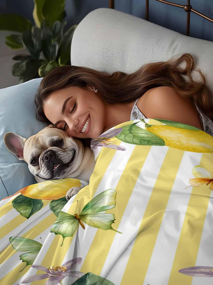 Twin Flat Sheet Only Bed Sheets Lemon Fruits Floral Leaves Microfiber Breathable Bedding Flat Sheet, Yellow Stripes Soft Top Sheets for Bedroom Living Room Sofa