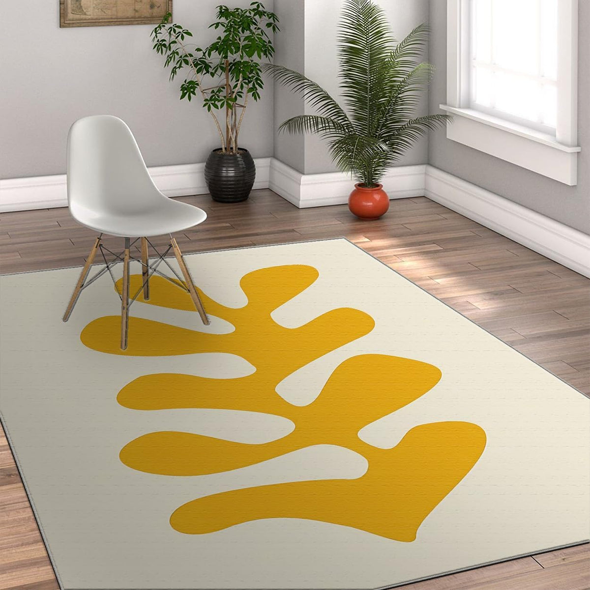 Minimalist Geometric Abstract 4'7" x 6'7" Area Rug for Living Room Modern Home Decor Washable Non Slip Rugs Yellow and White Modern Carpet for Nursery