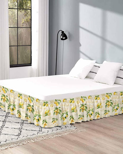 Yellow Lemons Bed Skirt Queen Size 16 Inch Drop, Adjustable Elastic Wrap Around Bed Skirts Easy Fitting Dust Ruffle Bedskirt Bed Frame Cover Summer Botanical Fruit Leaves Country