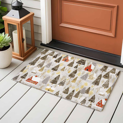 Christmas 2x3 Area Rugs for Living Room, Winter Abstract Christmas Tree House Snow Yellow Non Slip Floor Mat Washable Low-Profile Indoor Carpet for Bedroom, Dining Room, Bathroom