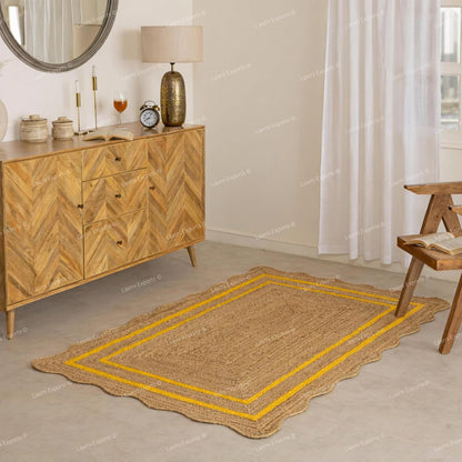 Natural Jute Wave Scalloped Area Rug 2x12 Ft - Yellow Runner Stripe Rugs for Home & Kitchen, Handmade Carpet, Natural Jute Hallway Large Rectangular Area Rug