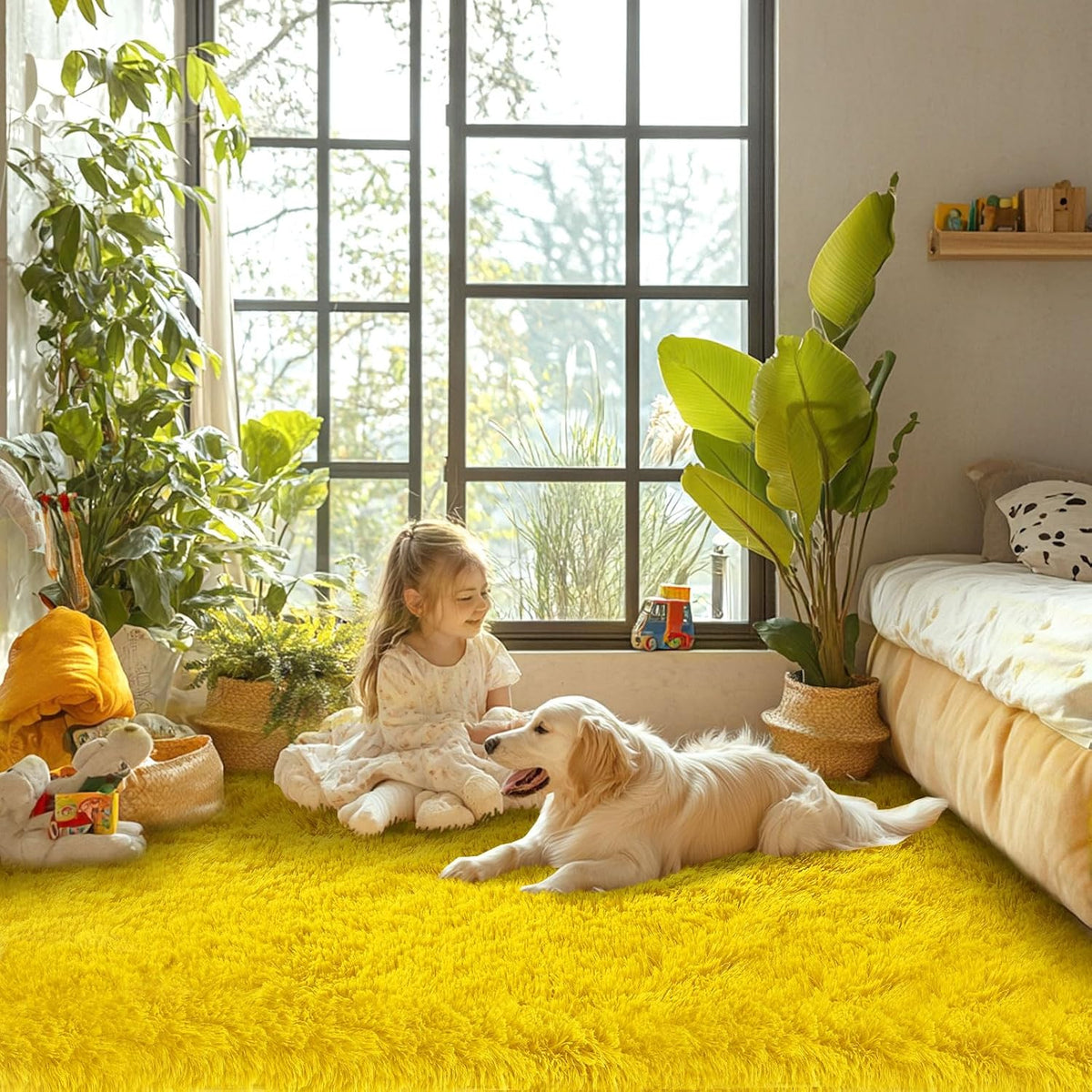 Fluffy Yellow Rug for Living Room 5x8 - Soft Non-Slip Kids Carpet