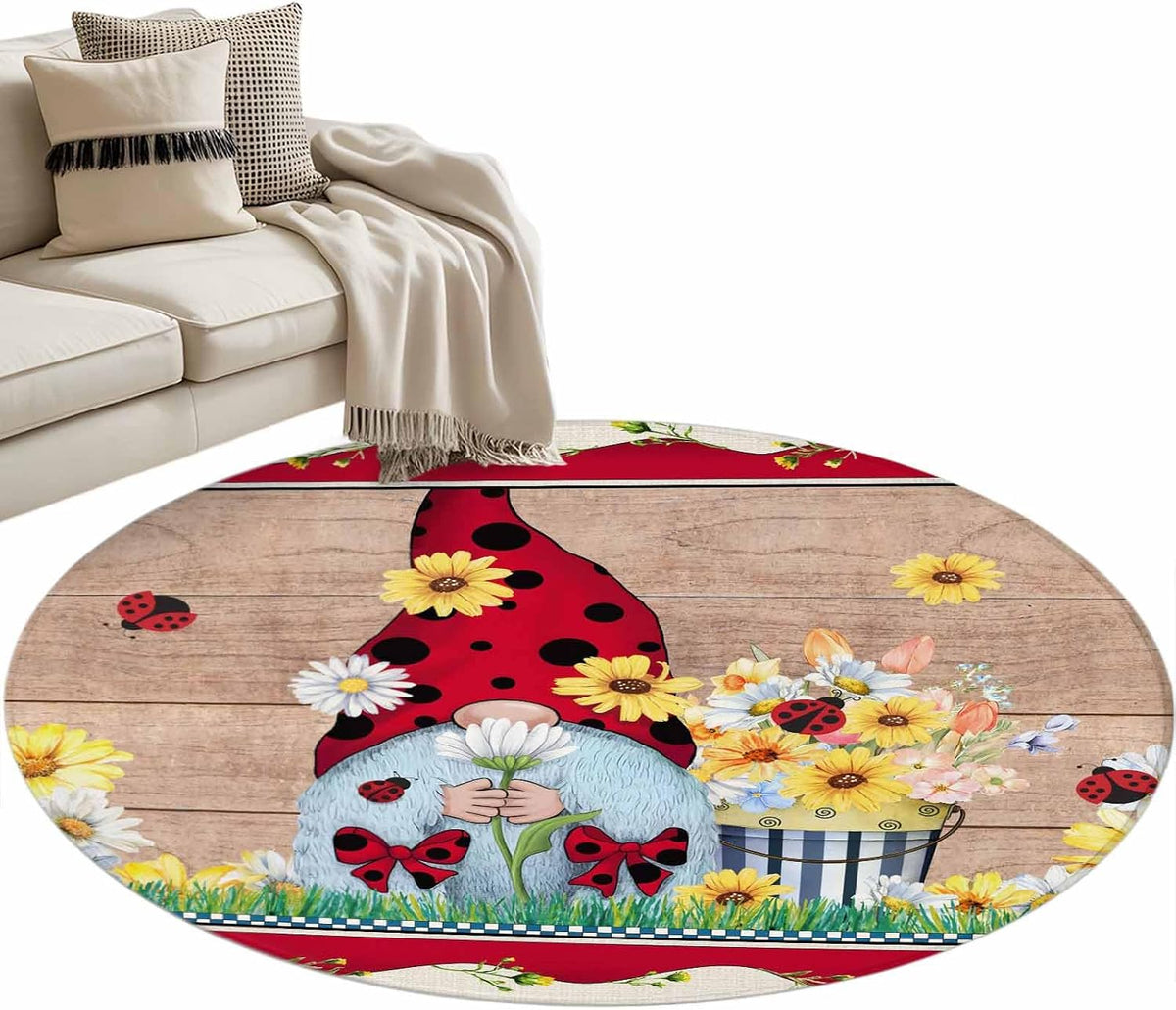 Ladybug Gnome Round Rug 3.3 Ft, Country Summer Rustic White Yellow Daisy Floral Wood Grain Samll Area Rugs Washable Non Slip Indoor Floor Mats Circle Carpet for Living Room Bedroom Dining Room Home