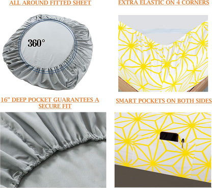 Luxury Soft Bed Sheets Cube Pattern - 1500 Premium Hotel Quality Microfiber Softness Wrinkle and Fade Resistant (6-Piece) Bedding Set, Queen, Yellow