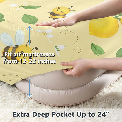 Lemon Bee Yellow Floral Air Mattress Sheet for 12-22 Inch Air Bed Soft Breathable Fitted Sheet with 24 Inch Deep Pocket & Zipper Opening, Twin
