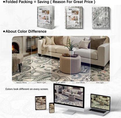 DCX 4x6 Washable Snake Rug for Living Room, Non Slip Low Pile Rug, Beige
