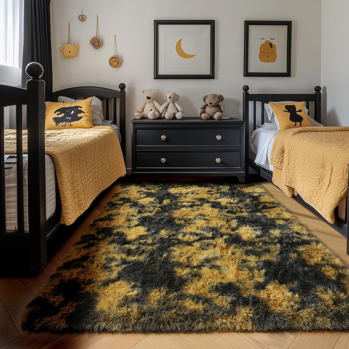 Black Gold Grey Fuzzy Area Rug 4x6 for Bedroom Living Room Dorm