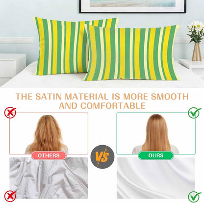 Lemon Green Yellow Pillow Cases Standard Size Set of 2, Summer Modern Farmhouse Striped Satin Pillowcase with Zipper for Hair/Skin, Decorative Pillow Covers for Bed/Couch/Sofa, 20x26 Inches