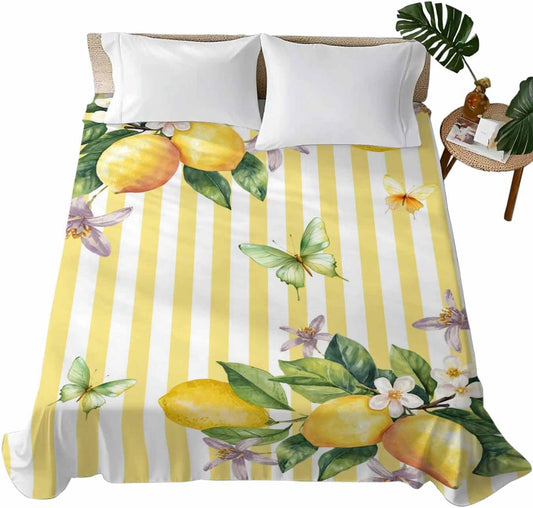 Flat Sheet Only Bedding Top Sheet Twin Lemon Fruits Floral Leaves Soft Microfiber Breathable Bed Sheets, Yellow Stripes Flat Sheets for Bedroom Sofa Men/Women