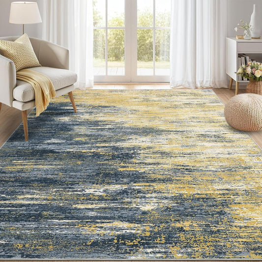 Modern Abstract Living Room Rug 8x10, Yellow/Black