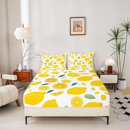 Cute Lemon Kids Bed Sheets Set,Boys Girls Twin Size,Fun Vegetable Fitted Sheet,Cartoon Farmhouse Lifestyle Design Ultra Soft Bedding Set,Yellow Large Lemon Bed Cover Bedroom Decor