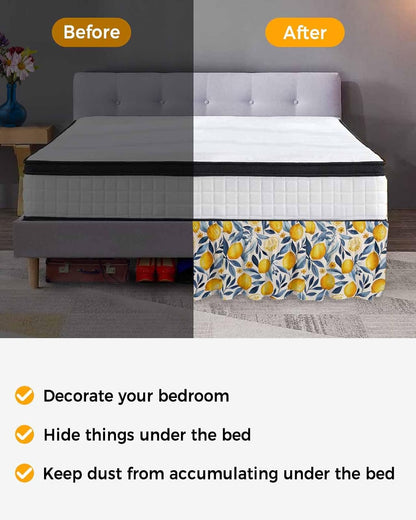 Lemon Bed Skirt Queen Size 16 Inch Drop, Adjustable Elastic Wrap Around Bed Skirts Easy Fitting Dust Ruffle Bedskirt Bed Frame Cover Plant Branch Yellow Blue Retro Spring Summer