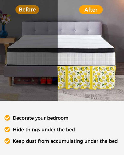 Yellow Summer Lemon Bed Skirt Queen Size 16 Inch Drop, Adjustable Elastic Wrap Around Bed Skirts Easy Fitting Dust Ruffle Bedskirt Bed Frame Cover Summer Botanical Watercolor