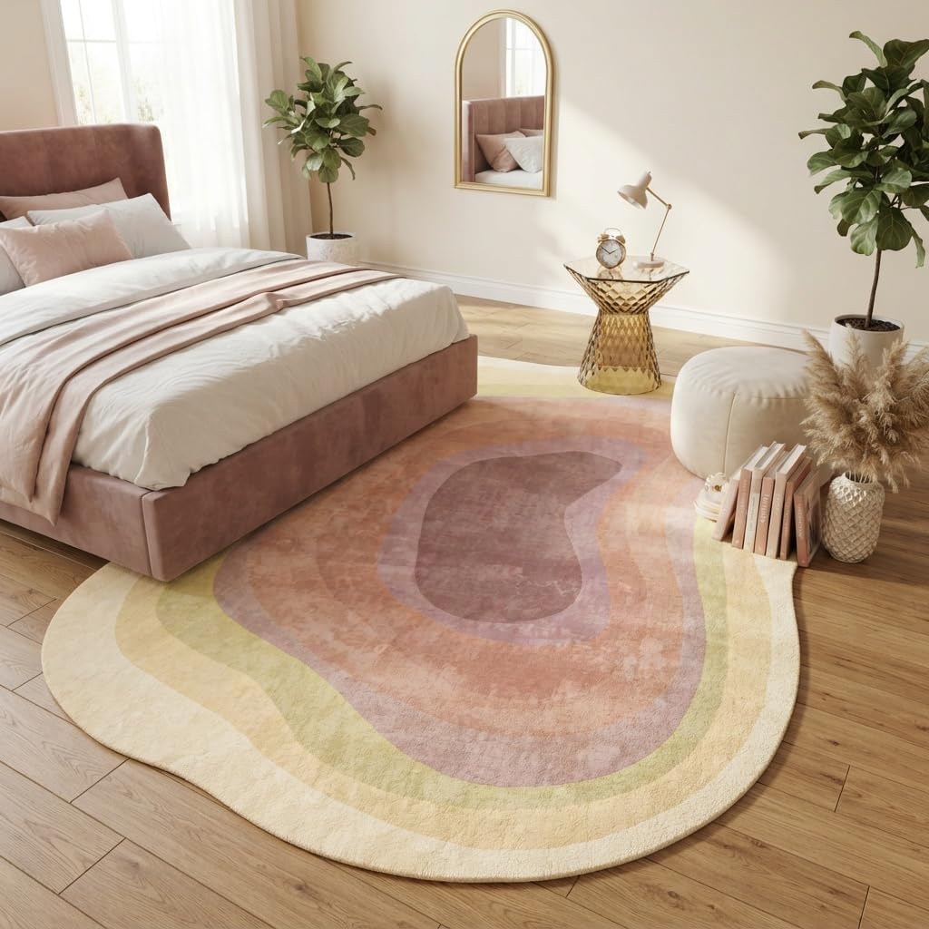 Pastel Yellow Cream Pink Irregular Area Rug 4x6 Modern Abstract Irregular Shaped Rug for Living Room Bedroom Guestroom Unique Designer Machine Washable Ultra Soft Carpet Boho Home Office Floor Mat